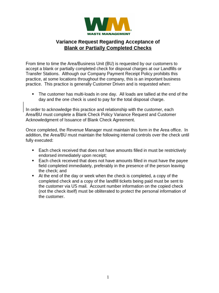 Blank Check Policy Variance Request | PDF | Waste