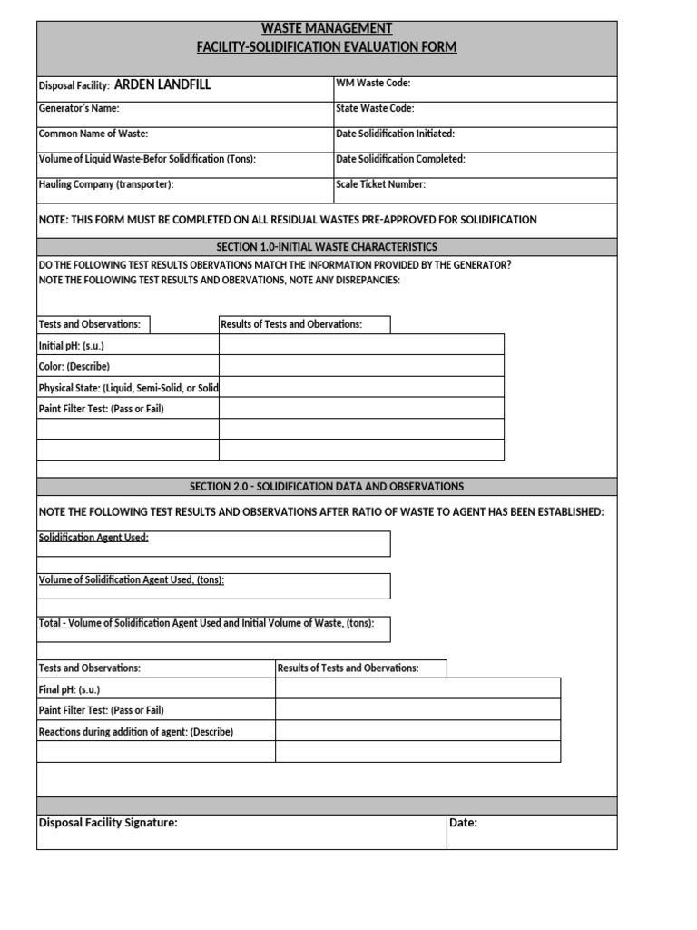 Solidification Evaluation Form for Waste Management | PDF