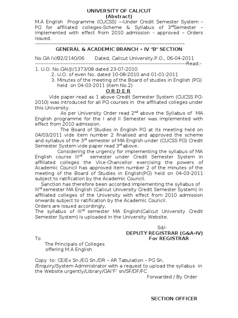 Third Semester Syllabus Calicut University PDF English Language