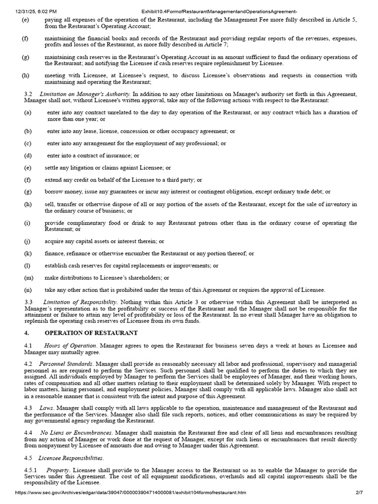 EX-10.4 2 Exhibit104formofrestaurant - HTM EXHIBIT 10.4 2 | PDF ...