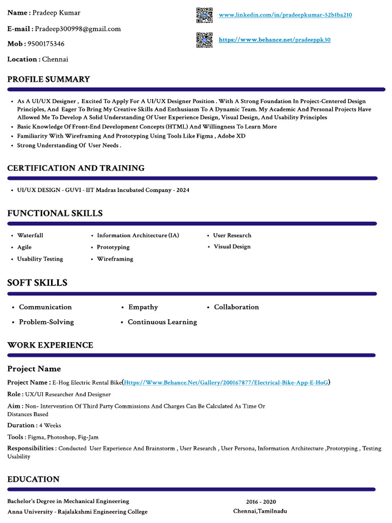 Updated Resume Pradeep Kumar UI Ux Fresher | PDF
