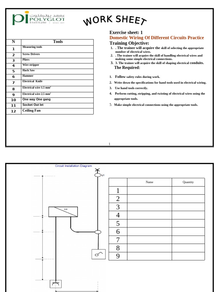 Domestic Wiring Practice Exercise Sheet | PDF