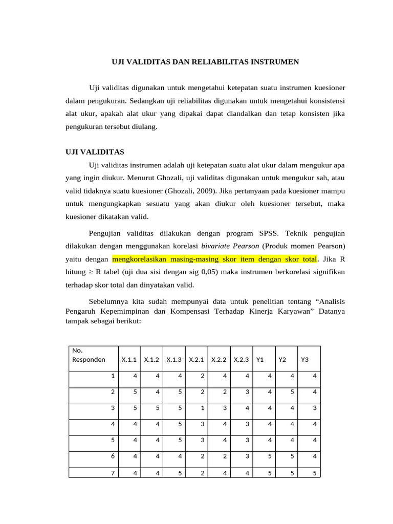 Uji Validitas dan Reliabilitas Kuesioner | PDF