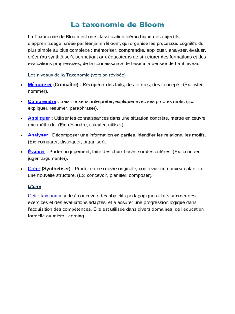 Taxonomie de Bloom : Objectifs d'apprentissage | PDF