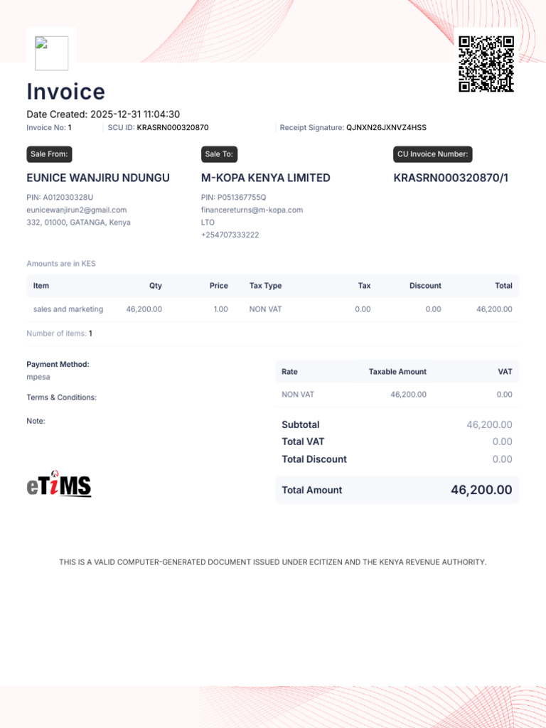 Invoice for M-KOPA Kenya Limited | PDF