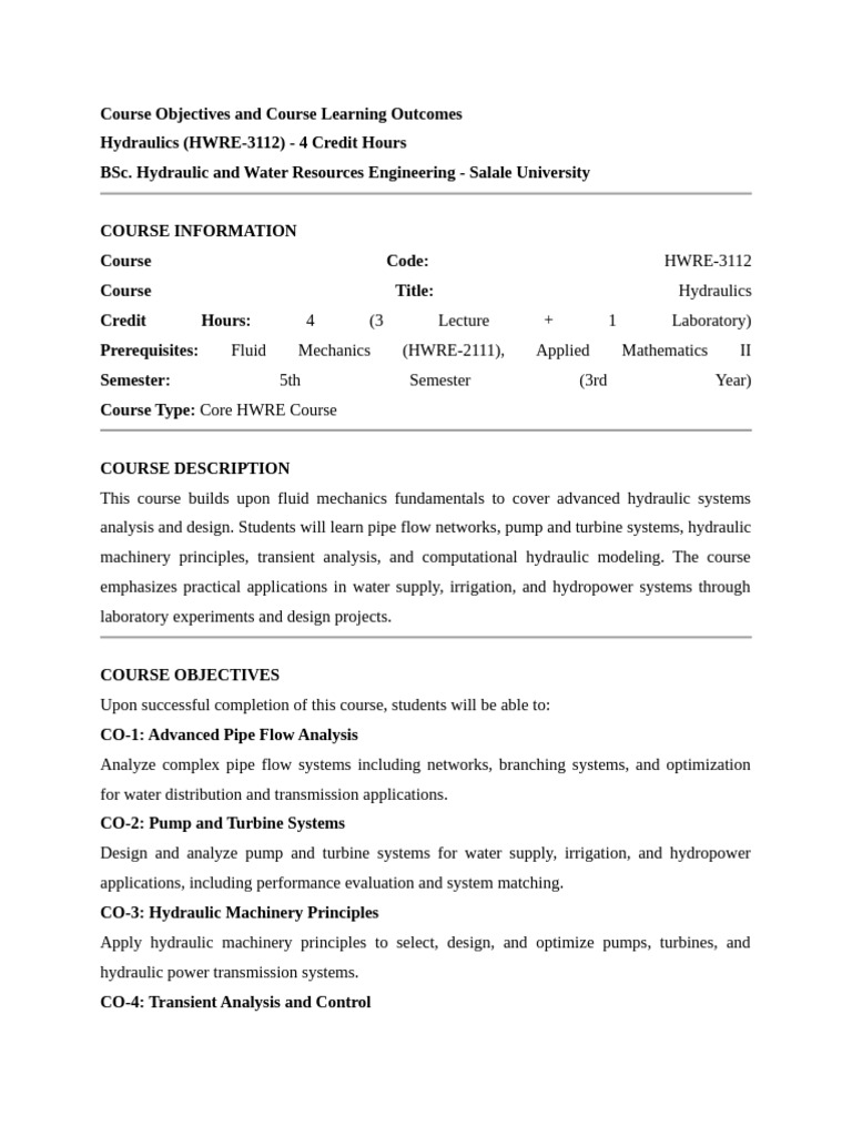 Hydraulics Course Objectives & Outcomes | PDF | Pump | Cost–Benefit ...