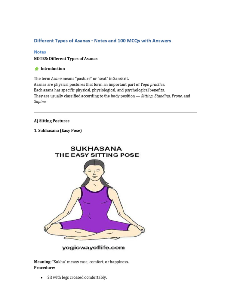 Types of Yoga Asanas and MCQs | PDF | Asana | Abdomen