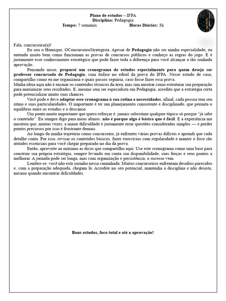 Cronograma de Estudos para Pedagogia IFPA | PDF | Pedagogia | Educação ...