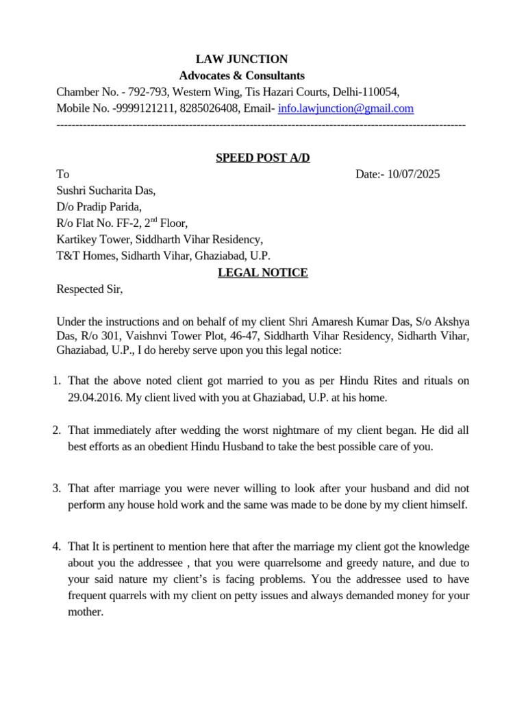 Amresh Lenka Child Custody Legal Notice | PDF | Social Institutions