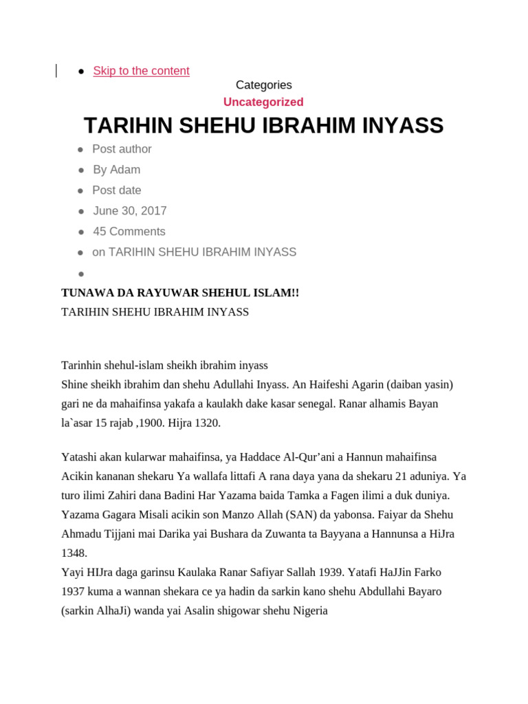 Tarihin Sheikh Ibrahim Inyass | PDF | Arabs | Islamic Branches