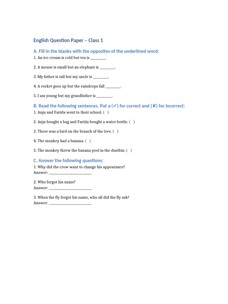 Class1 English Question Paper | PDF