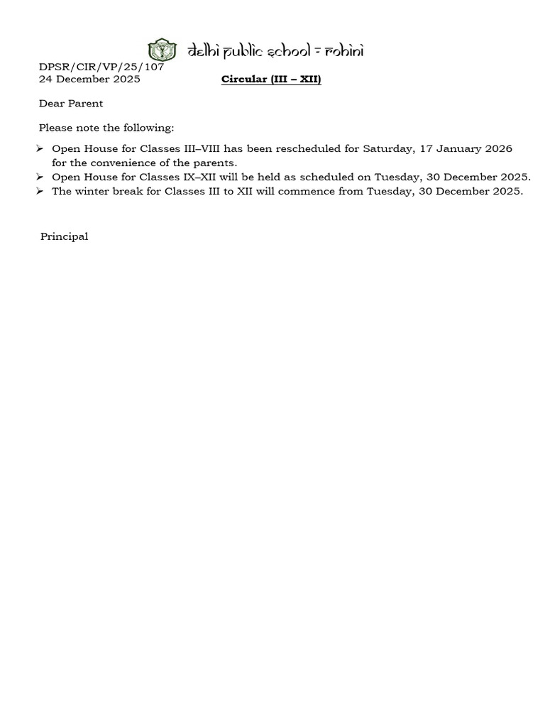 Important Circular Regarding Open House and Winter Break (III To XII) | PDF