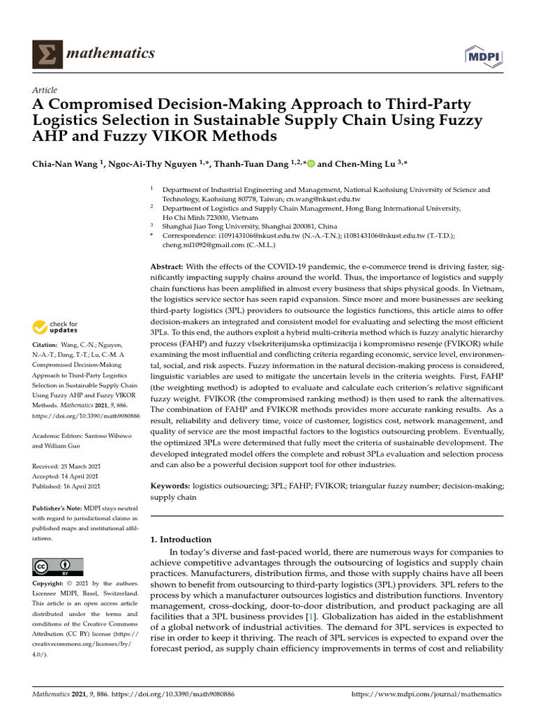 A Compromised Decision-Making Approach To Third-Party Logistics ...