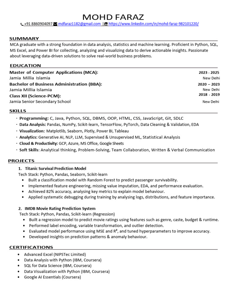 Data Analyst Resume: Skills & Projects | PDF | Machine Learning | Data ...
