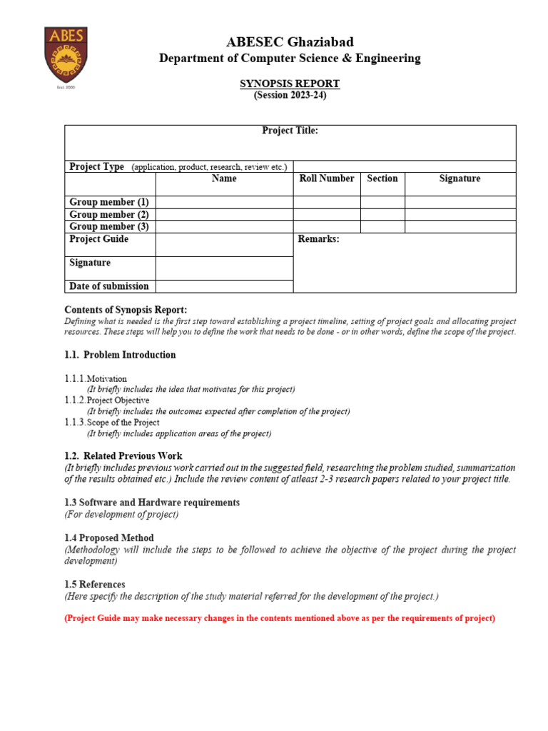 Project Synopsis Format (2023-24) (1) | PDF