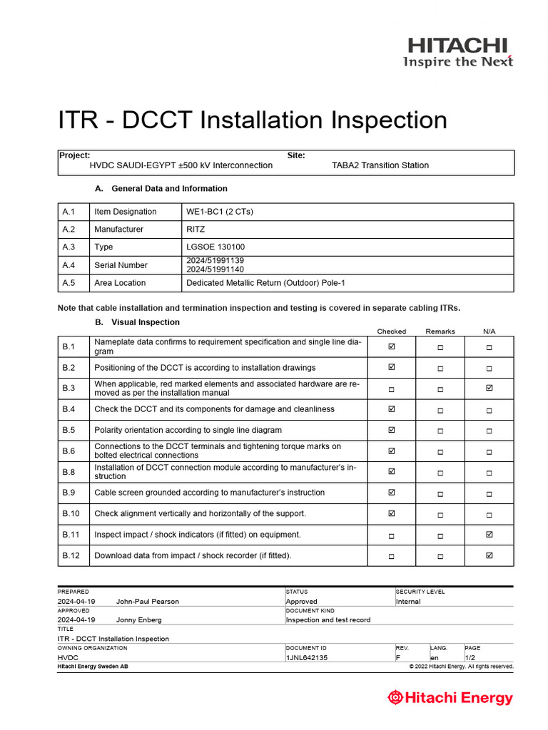 1JNL642135 DCCT - Installation Inspection WE1-BC1 | PDF | Electric ...
