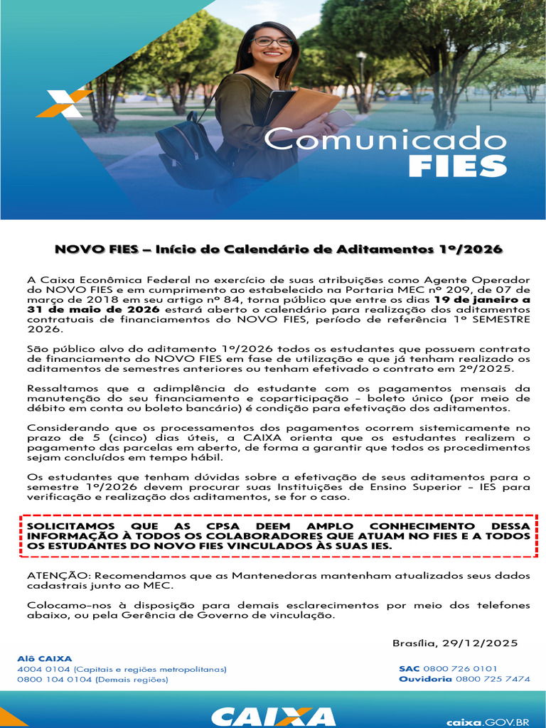 Aditamentos NOVO FIES 1º Semestre 2026 | PDF