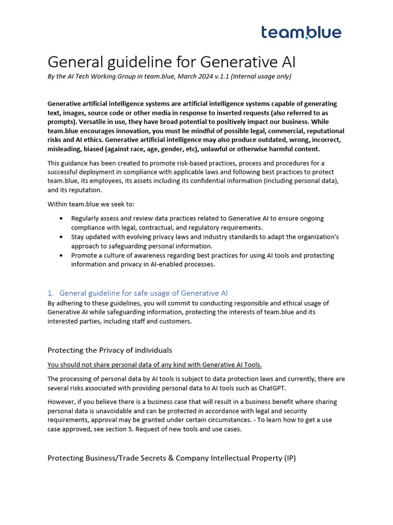 Generative AI Usage Guidelines for Team.blue | PDF | Artificial ...