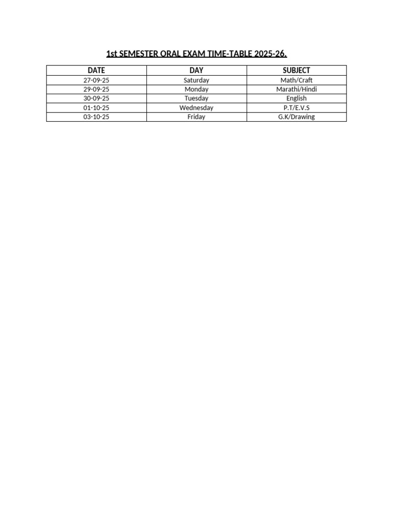 2025-26 1st Semester Exam Schedule | PDF