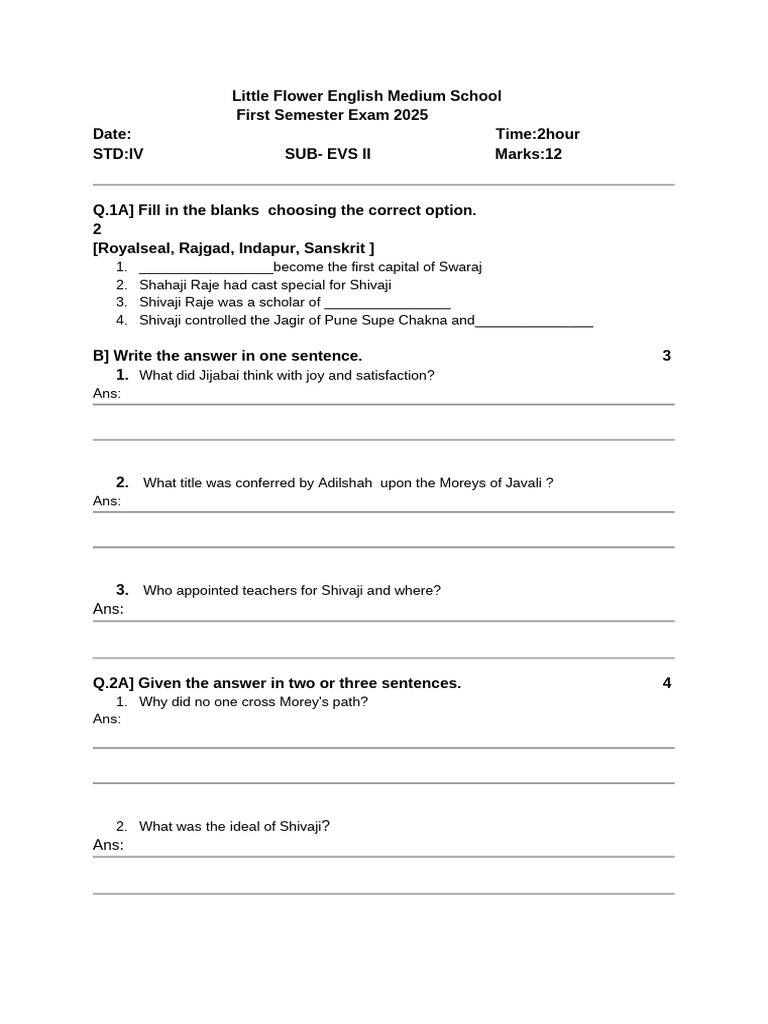 EVS II Exam Paper for STD IV - 2025 | PDF