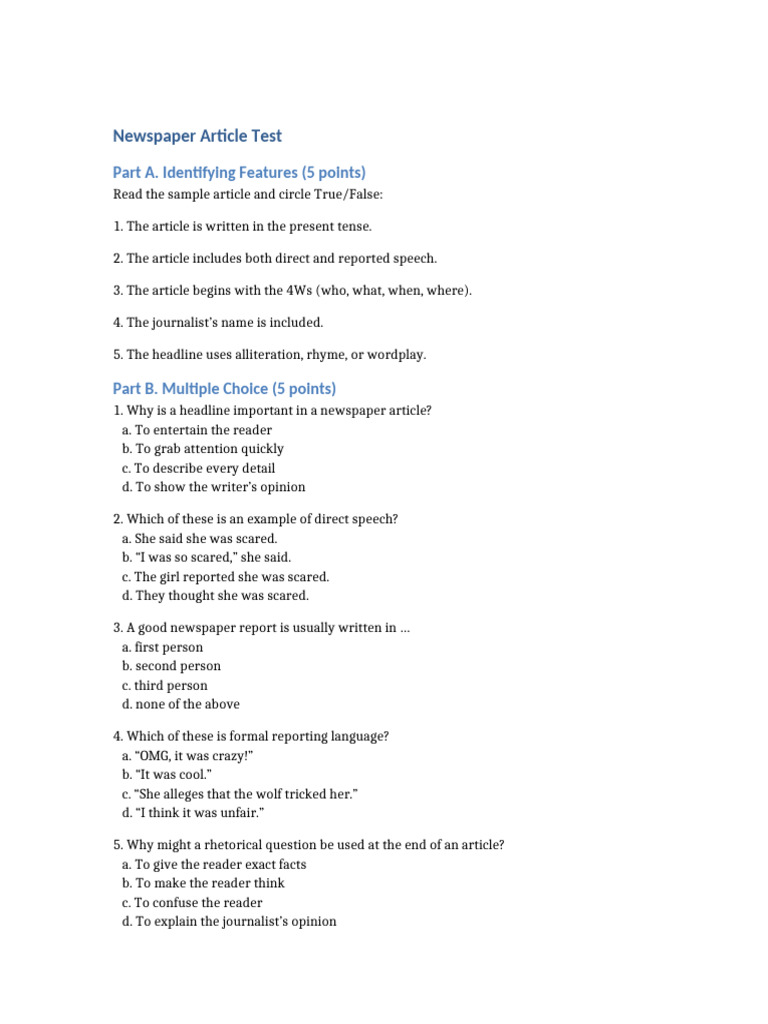 Newspaper Article Test | PDF