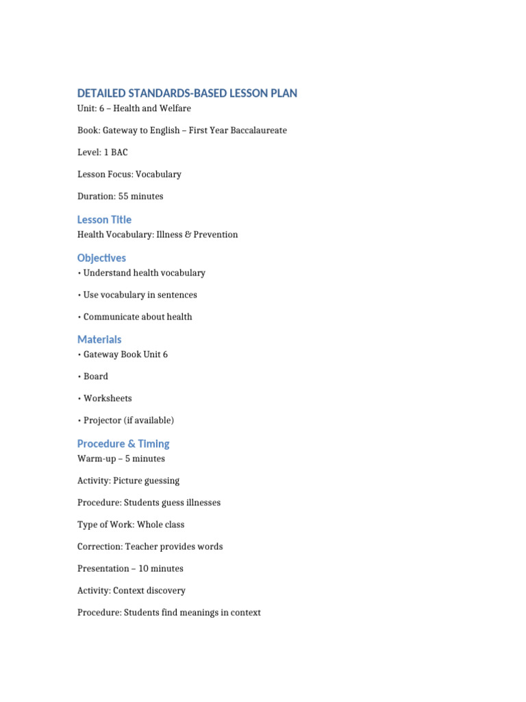 Health Vocabulary Lesson Plan | PDF
