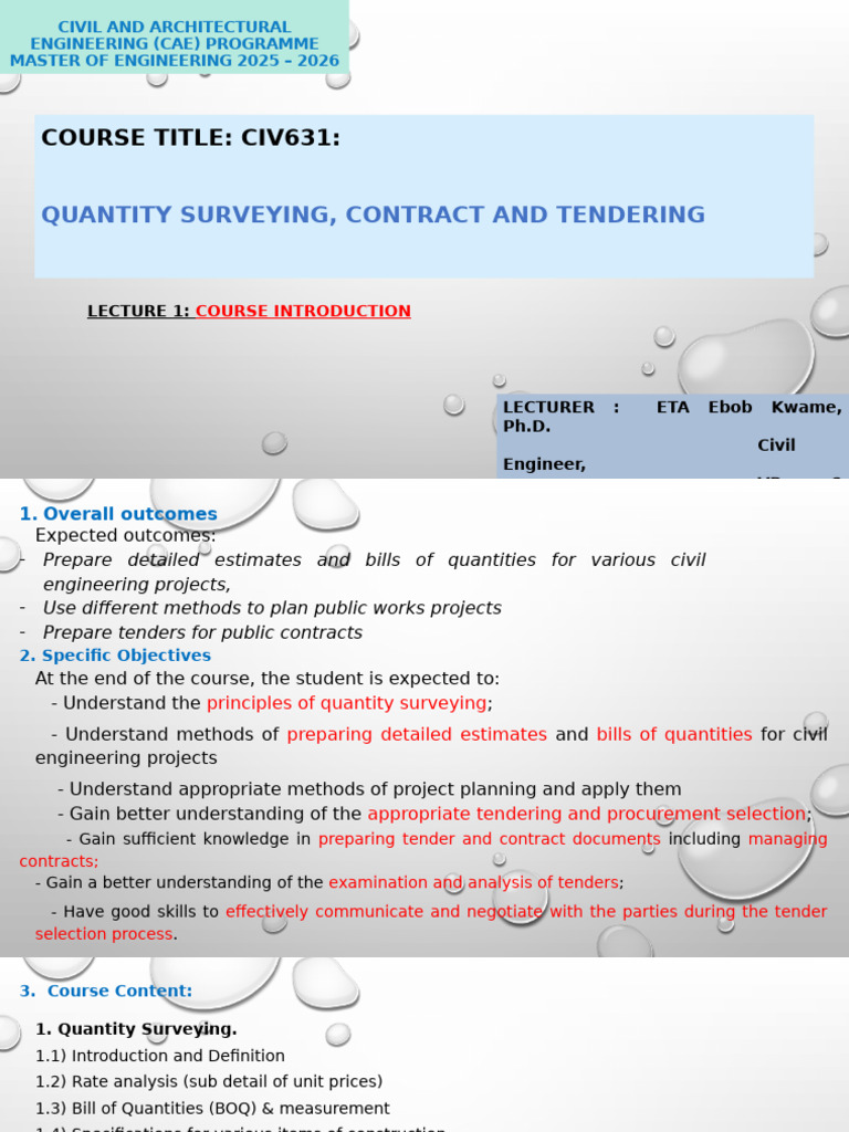 Quantity Surveying and Tendering Course | PDF