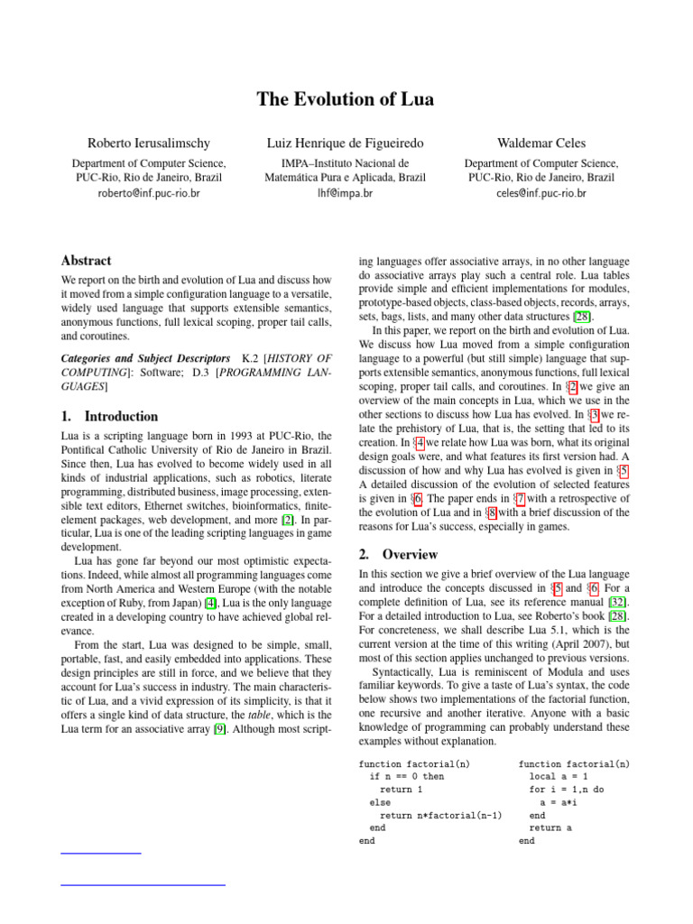The Evolution of Lua Programming Language | PDF | Scheme (Programming ...