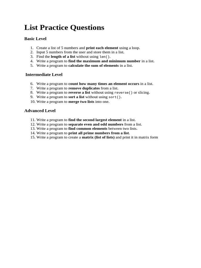 List Practice Questions | PDF
