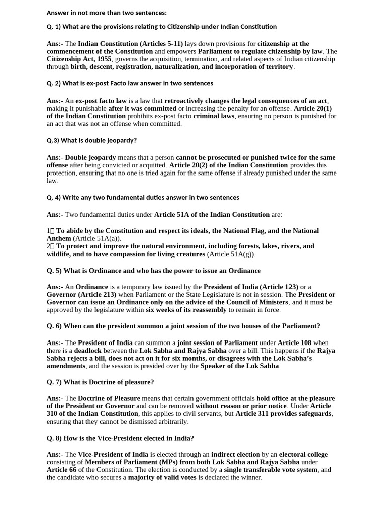 Constitutioonal Law IMP Short Questions Final | PDF | Judicial Review ...