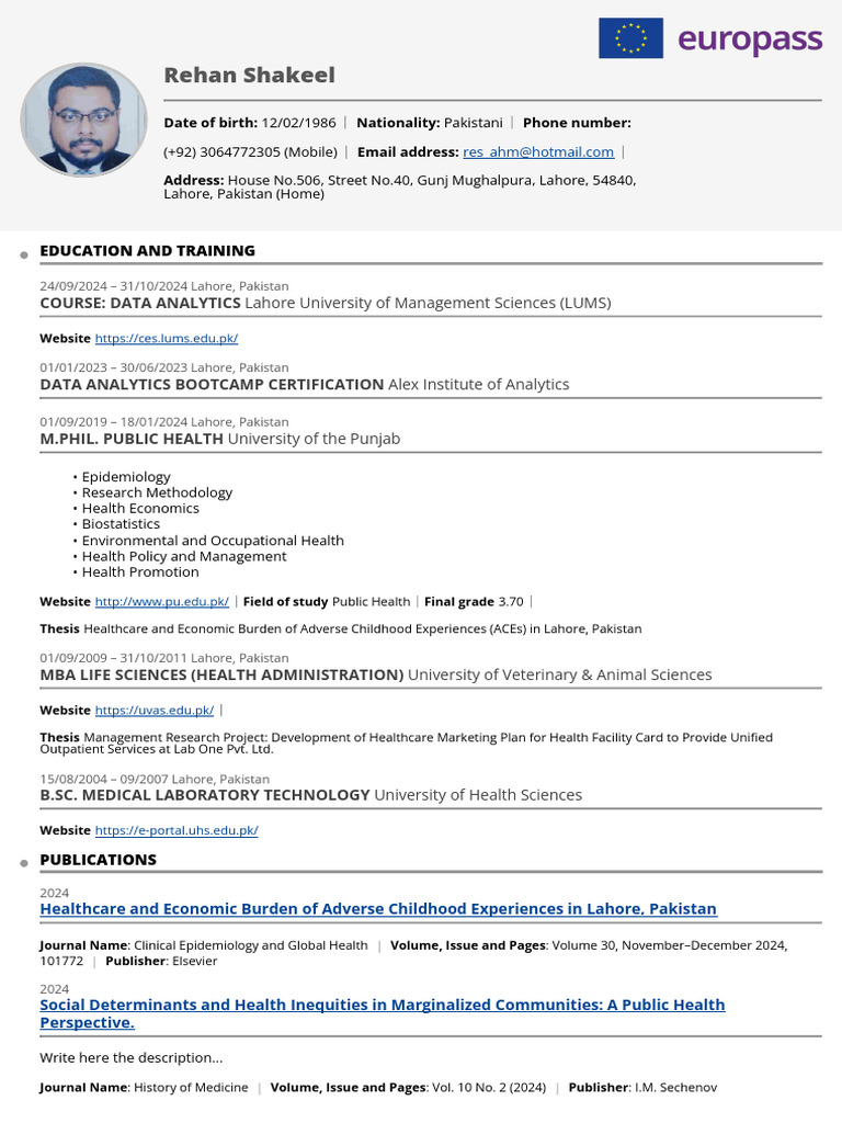 Rehan Shakeel: Public Health Profile | PDF | Laboratories | Pathology