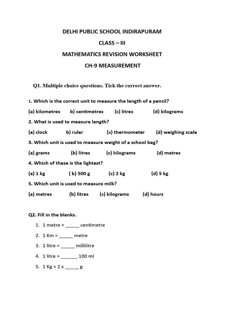 Class 3 Measurement Revision Worksheet | PDF | Litre | Kilogram