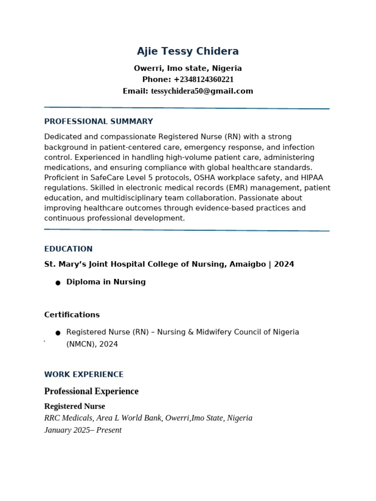 Registered Nurse Resume - Ajie Tessy Chidera | PDF | Nursing ...