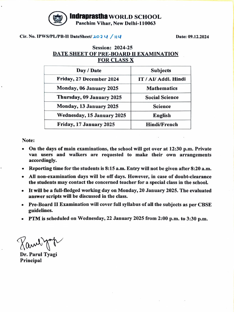 Class X Pre-Board II Exam Date Sheet 2024 | PDF