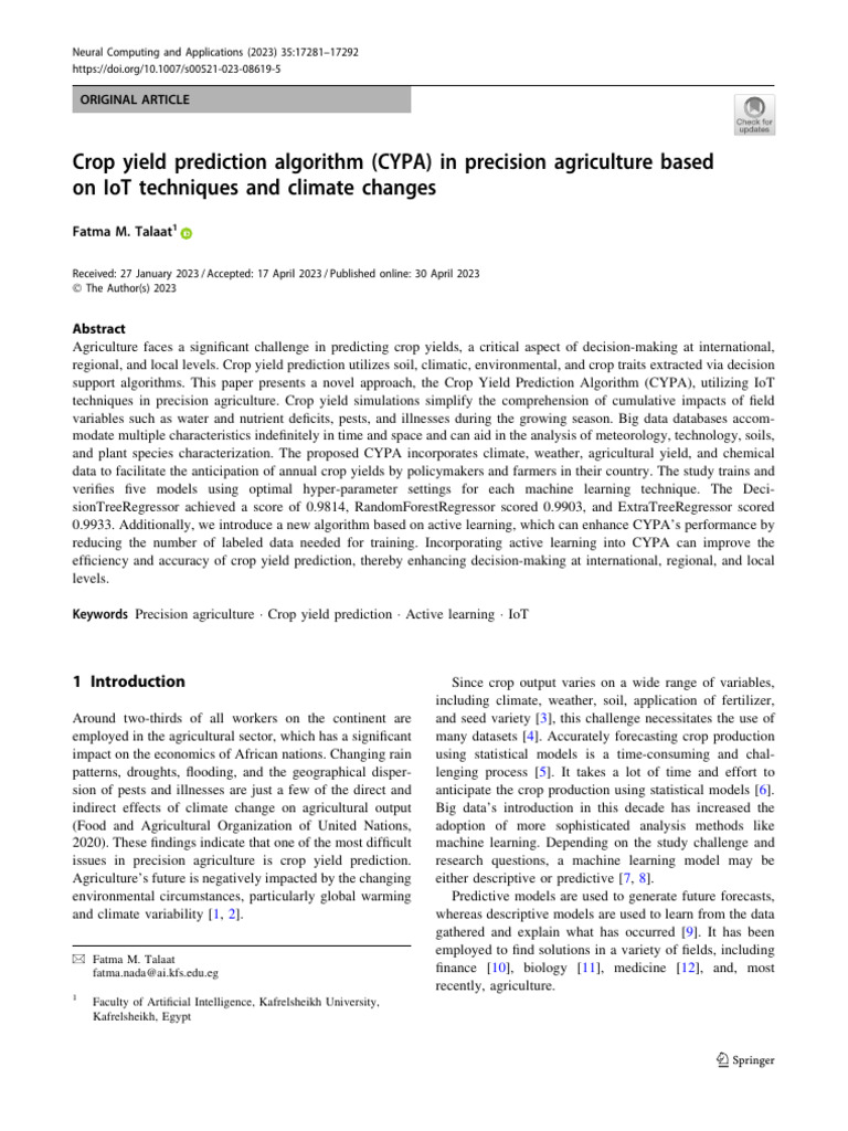 Crop Yield Prediction Algorithm (CYPA) in Precision Agriculture | PDF ...