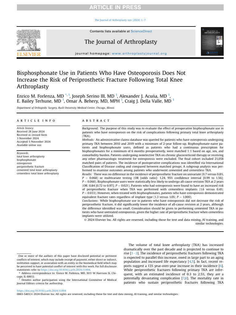 Bisphosphonate Use and TKA Outcomes | PDF | Osteoporosis | Bone