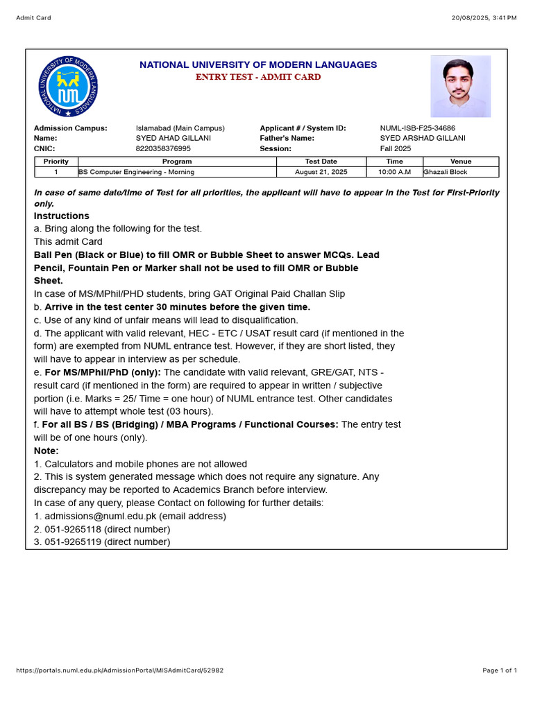 NUML Fall 2025 Entry Test Admit Card | PDF | Qualifications