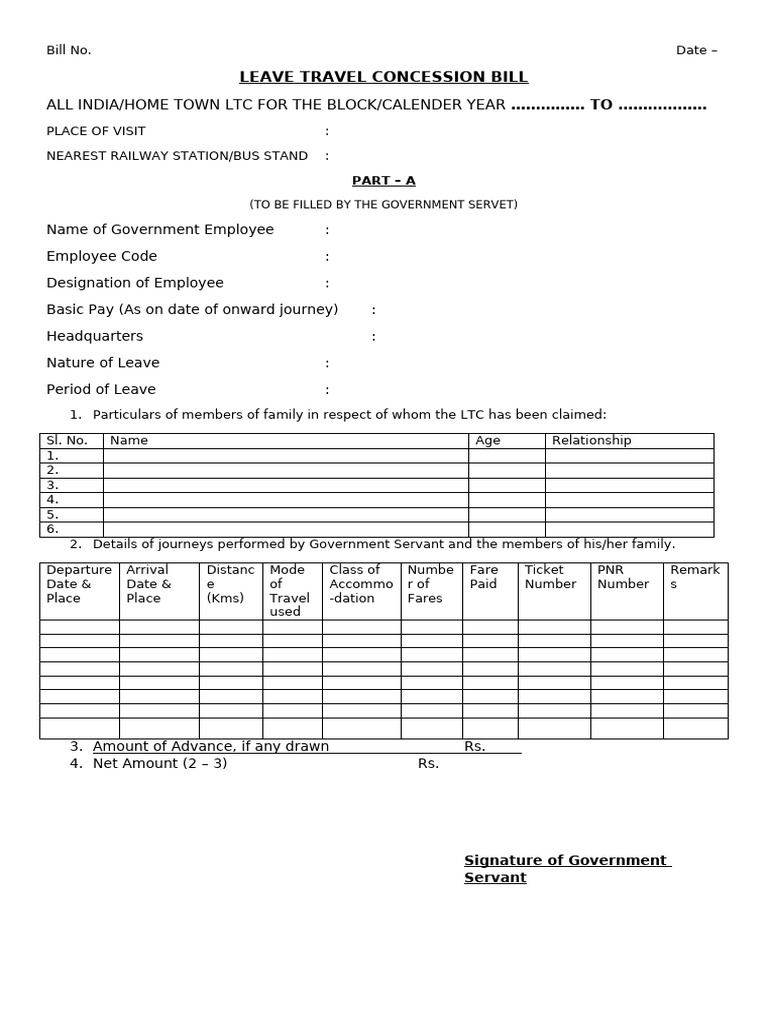 Leave Travel Concession Bill Form | PDF