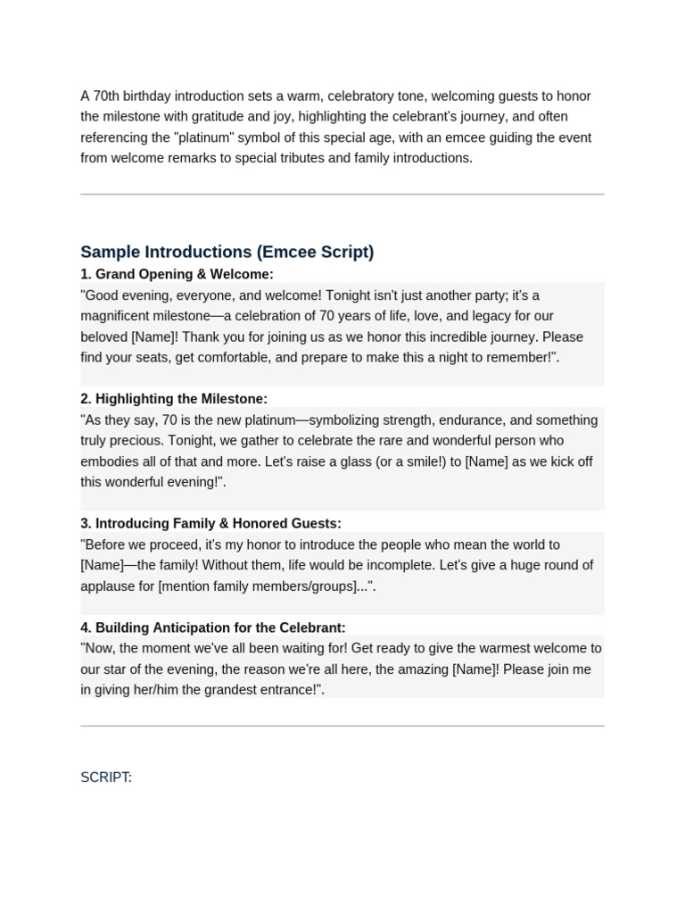 70th Birthday Celebration Emcee Script | PDF