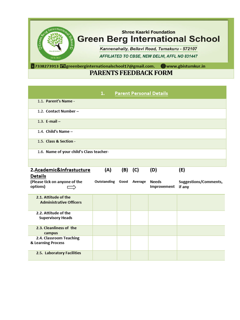 Parent Feedback Form for School Evaluation | PDF | Teachers | Behavior ...
