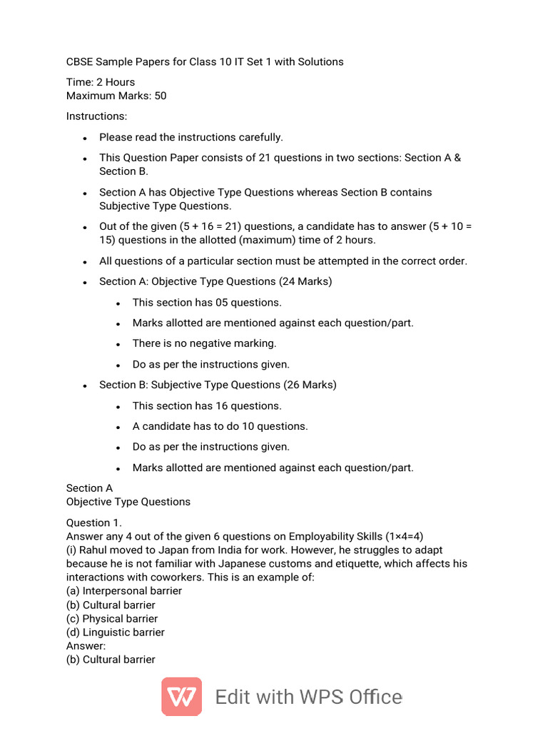 CBSE Class 10 IT Sample Paper Set 1 | PDF | Databases