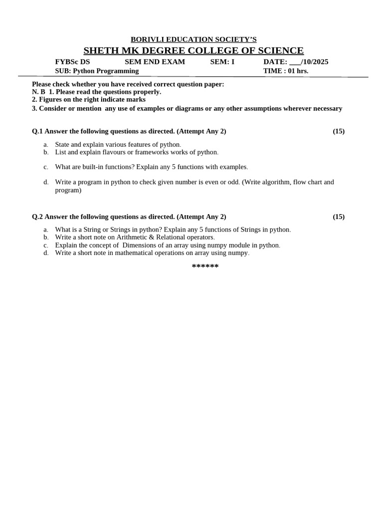 FYDS Python 1 External Examination Theory QP Oct 2025 | PDF