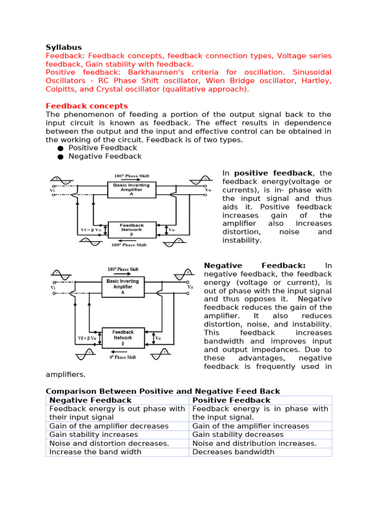 Feedback and Oscillator Concepts Explained | PDF | Electronic ...