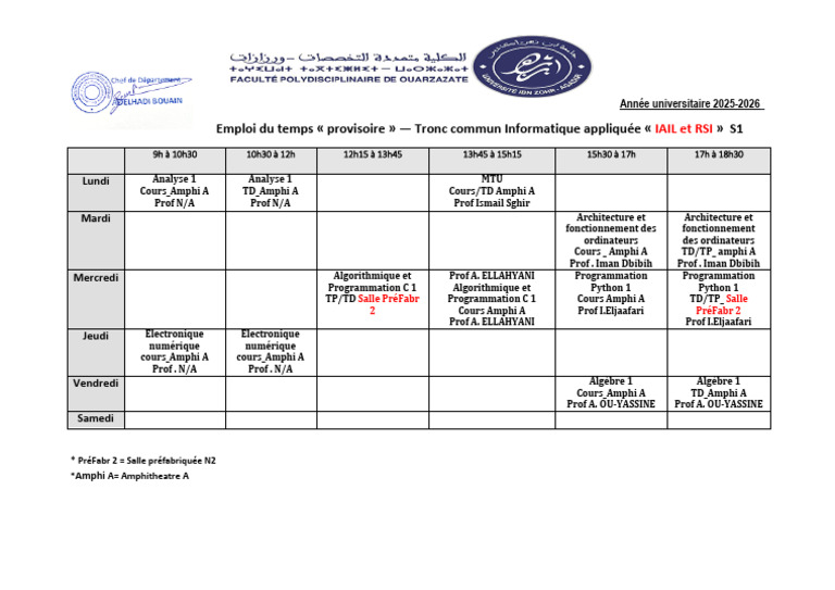 Emploi du temps Informatique S1 2023 | PDF | Ingénierie informatique ...