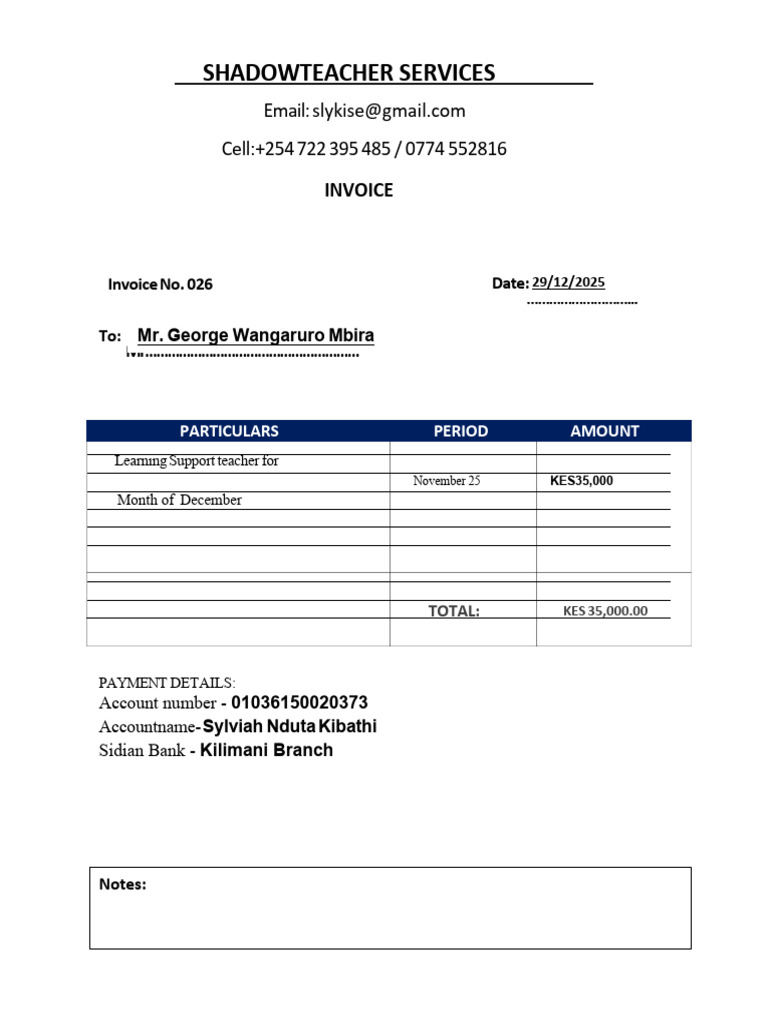 December Invoice for Shadow Teacher Services | PDF