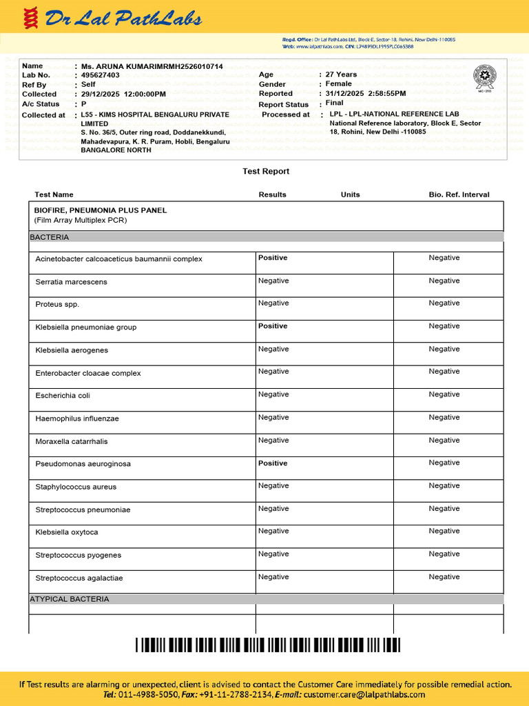 Pneumonia Test Report for Ms. Aruna Kumar | PDF | Pneumonia ...