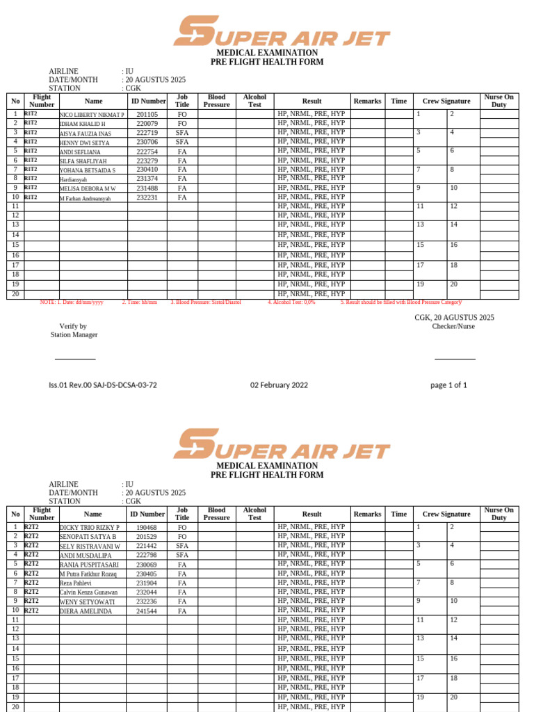 Pre-Flight Medical Examination Form | PDF | Blood | Cardiovascular ...