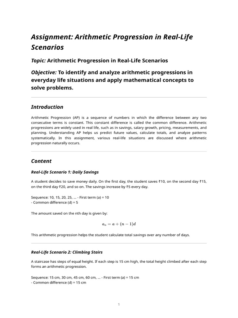 Arithmetic Progression in Real-life Scenarios – Class X Assignment | PDF