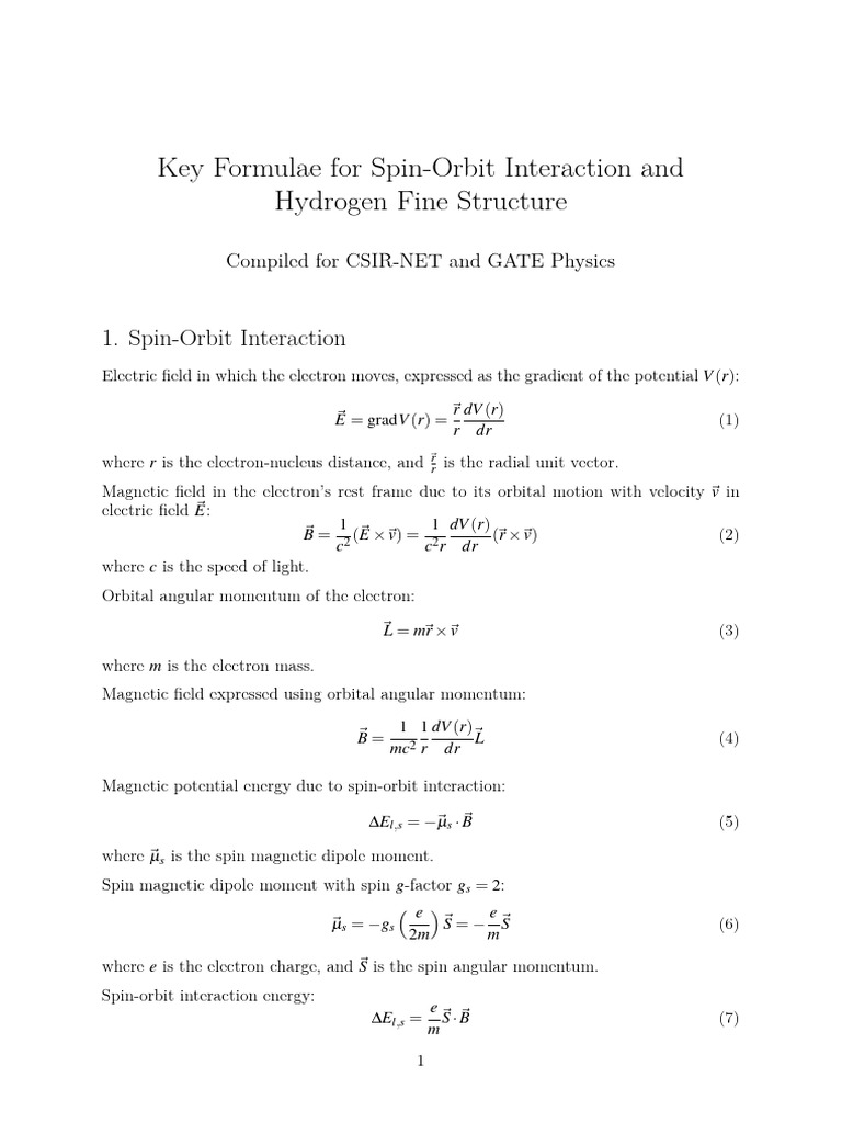 Spin-Orbit Interaction & Hydrogen Fine Structure | PDF | Spin (Physics ...
