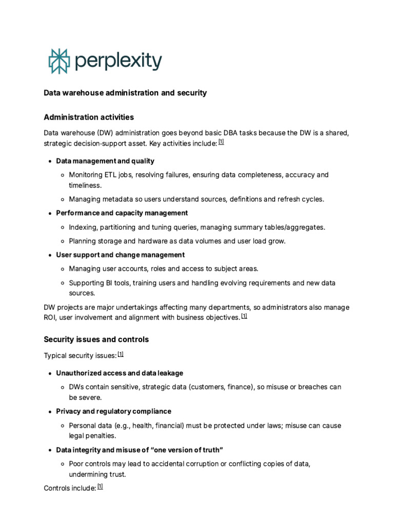 Data Warehouse Administration and Security | PDF | Performance ...